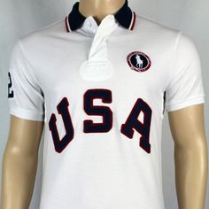 New With Tags Polo Olympic Polo Casual White Letter Print Polo Shirt, Red Graphic Cotton Polo Shirt, Casual White Shirt With American Flag Print, Red Cotton Polo Shirt With Graphic Print, Classic White Crew Neck Polo Shirt, White Sporty Short Sleeve Polo Shirt, White Patriotic Crew Neck Shirt, White Polo Collar Sports Top, White Short Sleeve Polo Shirt With Letter Print