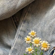 a pair of jeans with daisies embroidered on them