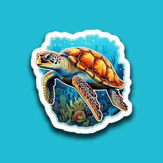 a sticker with an image of a turtle swimming in the ocean, on a blue background