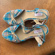 Plaid Wedge Heels. Have Adjustable Strap At Ankle. Also Have A Cute Bow Tie Up Top Near The Toe Casual Light Blue Wedge Sandals, Blue Wedge Heel Vacation Heels, Blue Wedge Heels For Beach, Tie Up Top, Cute Bow, Cute Bows, Womens Shoes Wedges, Wedge Heels, Bow Tie