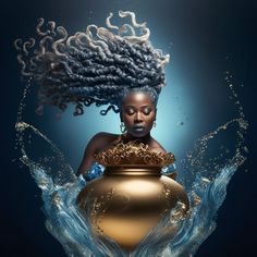 a woman with curly hair sitting on top of a gold vase in the ocean water