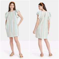 A New Day Striped Ruffle Short Sleeve Dress Size: Xxl New With Tags All Measurements Are Approximate: Length: 34" Ptp: 22" G5-9937 Casual Ruffle Sleeve Day Dresses, Casual Mini Dress With Ruffle Sleeves For Daywear, Casual Mini Dress With Flutter Sleeves For Daywear, Striped Dress With Ruffle Sleeves For Spring, Ruffle Shorts, Short Sleeve Dress, A New Day, New Day, Day Dresses