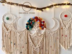 dream catchers hanging on the wall with lights around them and a tree in the middle