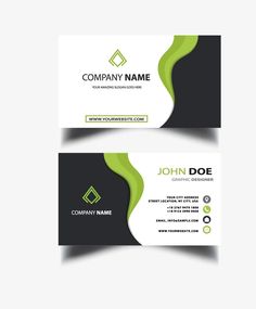 two sided business card with green and black shapes on the front, side and back