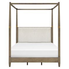 a bed with a white mattress and wooden frame