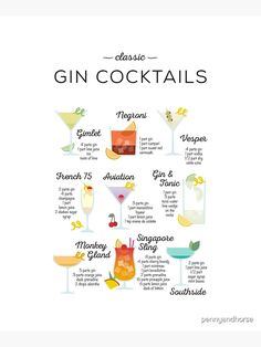 a poster with different types of gin cocktails on it's side, including the names