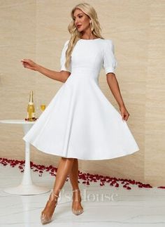 [US$ 54] Scoop A-line Polyester Midi Dresses  - JJ's House Sunday Dress Outfit Church, Baptism Outfit Women, White Church Dress, Sunday Dress Outfit, Modest White Dress, White Dress Classy, Spring Midi Dress, Confirmation Dresses, White Knee Length Dress