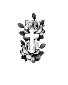 a cross with roses on it and leaves around the edges is shown in black and white