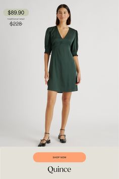 Embrace your playful charm with our Washable Stretch Silk Puff Sleeve Mini Dress. Perfect for both daytime adventures and evening events, this mini dress effortlessly exudes a youthful and flirtatious look. Whether paired with heels for a glamorous ensemble or sandals for a chic daytime outfit, it promises to make you feel confident and radiant.  | Quince | Women's Washable Stretch Silk Puff Sleeve Mini Dress in Forest Green, Size XS, Mulberry Silk Green Puff Sleeve Mini Dress For Evening, Feminine Puff Sleeve Knee-length Dress For Date Night, Knee-length Mini Dress For Date Night, Elegant Green Puff Sleeve Mini Dress, Elegant Green Mini Puff Sleeve Dress, Feminine Puff Sleeve Mini Dress For Date Night, Flirty Knee-length Puff Sleeve Dress For Brunch, Flirty Mini Length Puff Sleeve Dress For Night Out, Summer Mini Length Puff Sleeve Dress For Night Out