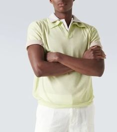 Material: 85% wool, 15% silk.Care instructions: dry clean.Made in Japan.Designer color name: Lime Yellow.Collar: polo collar.Hem: ribbed, straight.Cuff: ribbed.True to size.Semi-sheer.Designed for a loose fit.Stretchy fabric.Falls to the hip.The model in the picture is 185cm-6'1' and wearing a size 4 Classic Green Polo Collar Sweater, Spring Collared Fine Knit Polo Sweater, Spring Fine Knit Collared Polo Sweater, Summer Ribbed Polo Collar Top, Classic Fine Knit Polo Sweater For Spring, Classic Spring Polo Shirt With Ribbed Collar, Fitted Fine Knit Collared Polo Sweater, Summer Polo Sweater With Ribbed Collar For Work, Classic Polo Collar Sweater For Summer