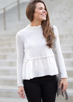 Grey Sweater with Chiffon Detail Grey Sweater, Peplum Top, Tunic Tops, Ruffle Blouse, Chiffon, My Style, Grey, Women's Top