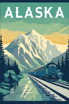 a train traveling down tracks next to snow covered mountains and trees with the word alaska written on it