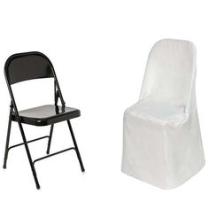 two folding chairs next to each other with white covers on the back and black legs