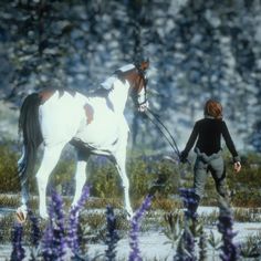 a woman leading a white and brown horse in the snow with purple flowers behind her