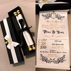 an open black and white box with a wedding program in it next to a scroll