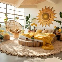 a bedroom with sunflowers on the wall and bed in the middle, surrounded by wicker furniture