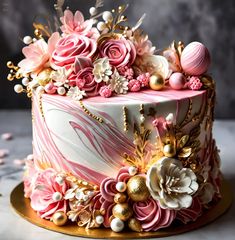 a pink and white decorated cake with flowers on the top is sitting on a gold platter