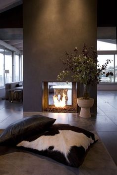 a living room filled with furniture and a fire place next to a large glass window