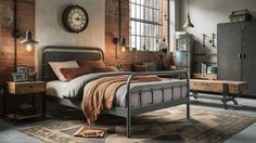 a bed room with a neatly made bed and a large clock above the headboard