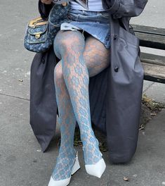 Blue Stockings Outfit, Blue Fishnet Tights, Fishnet Stockings Outfit, Genderqueer Fashion, Blue Stockings, Stockings Outfit, New York Outfits, Fishnet Tights, Fishnet Stockings