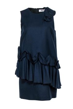 Current Boutique-MSGM - Navy Wool Ruffle Shift Dress Sz 10 Knee-length Ruffled Mini Dress For Work, Elegant Ruffled Mini Dress For Work, Elegant Mini Dress With Ruffles For Work, Chic Knee-length Ruffled Dress, Chic Knee-length Ruffle Dress, Elegant Mini Dress With Layered Hem, Chic Knee-length Ruffle Dress For Work, Chic Mini Dress With Ruffle Hem For Work, Chic Workwear Mini Dress With Ruffle Hem