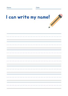 i can write my name writing paper with pencil and eraser on the page, in blue