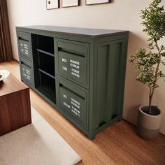 a green cabinet sitting on top of a wooden floor next to a potted plant