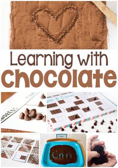 the words learning with chocolate are shown in this collage, and there is an image of