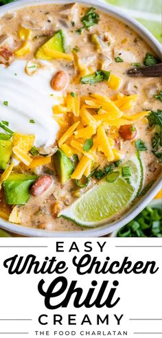 easy white chicken chili, best recipe for healthy weeknight dinner! Garnish with cheese, sour cream, and lime! White Chicken Chili The Chunky Chef, White Chicken Chili With Alfredo Sauce, White Chicken Chili Greek Yogurt, Tumbleweed White Chicken Chili, Chicken Chili With Canned Chicken, Chicken Chili Stove Top, White Chicken Chili Stove Top, Spicy White Chicken Chili, Chicken Chili Recipe Easy