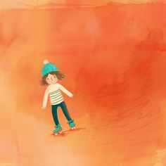 a painting of a girl skateboarding on an orange background