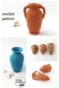 the crochet pattern is shown with different items to make it look like an old vase