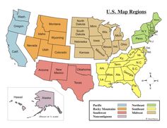 a map of the united states with regions labeled in red, yellow, and blue