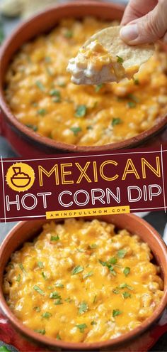 mexican hot corn dip in a red bowl with a tortilla chip being held up