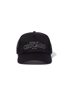 Chicago Trucker Hat | Black | Product Image | Uncommon Lifestyle Trendy Black Baseball Cap For Streetwear, Urban Black Trucker Hat With Letter Print, Urban Black Snapback Hat With Letter Print, Black Trucker Hat With Curved Brim For Streetwear, Urban Trucker Hat For Streetwear With Curved Bill, Graphic Print Snapback Hat With Curved Bill For Streetwear, Fall Streetwear Baseball Cap, Graphic Print Curved Bill Snapback For Streetwear, Urban Black Snapback Hat For Streetwear