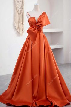 Orange Satin Custom Big Bow A-line Trendy Evening Host Dress For Weddi Floor Length Evening Dress, Orange Prom Dresses, Robes Glamour, Formal Prom Dresses Long, Spaghetti Strap Prom Dress, Orange Satin, Satin Evening Dresses, Evening Dress Floor Length, Bridal Party Dresses