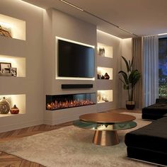 modern living room with fireplace and large screen tv