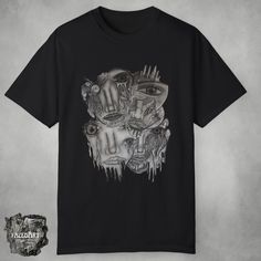 Hand-drawn original art printed onto the "Comfort Colors 1717" garment-dyed t-shirt, made 100% with ring-spun cotton.  .: The Comfort Colors 1717 tee is made with medium fabric (6.1 oz/yd² (206.8 g/m consisting of high quality, 100% ring-spun US cotton for long-lasting comfort. .: The pre-shrunk fabric ensures a consistently great fit. .: All Comfort Colors 1717 shirts feature pre-shrunk cotton for size retention and a signature sewn-in twill label. .: Made using 100% US cotton that is ethically Multicolor Grunge T-shirt With Screen Print, Cotton Grunge T-shirt With Character Print, Cheap Grunge Graffiti Print T-shirt, Unisex Grunge Graffiti Print T-shirt, Grunge Washed Black T-shirt With Graffiti Print, Trippy Eye, Gothic Streetwear, Grunge Clothes, Streetwear T Shirt