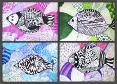 four colorful fish are shown in this art project