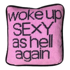 You too?!  NOT NEEDLEPOINT private label pink velvet face, a beautiful reproduction of our original needlepoint art ink black designer velvet reverse and welting new feather down insert hidden zipper  custom made with crazy heart and soul delivered new to you in eco-friendly packaging  ABOUT THE ARTIST Cheryl Westbrook creates commissioned pillows & holiday stockings for celebrities, designers, film /art directors, & collectors. All wool tapestry pillows are original designs, created str Pink Cat Decor, Pink And Black Room Decor, Pink And Black Room Aesthetic, Funny Room Decor, Velvet Packaging, Cool Pillows, Tapestry Pillows, Cute Throw Pillows, Trendy Apartment Decor