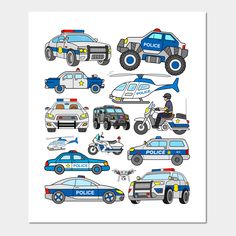 a poster with police cars and motorcycles in different shapes, sizes and colors on white paper