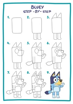 step by step instructions for how to draw bluey from the cartoon super mario bros