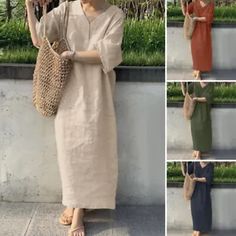 Womens 3/4 Sleeve V Neck Long Dress Casual Cotton Linen Evening Party Maxi Dress - Dress Summer Shift Dress With Half Sleeve, Casual 3/4 Sleeve Dresses, Casual Long Sleeve Summer Dress For Party, Casual Long Sleeve Summer Party Dress, Casual Shift Dress With 3/4 Sleeves, Casual Party Dress With 3/4 Sleeves, Casual V-neck Long Sleeve Summer Dress, Casual Midi Dress With 3/4 Sleeves For Summer, Casual Summer Dresses With 3/4 Sleeves