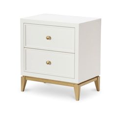 a white nightstand with two drawers on one side and an open drawer on the other