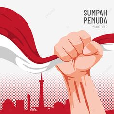 a hand holding a red and white ribbon in front of a cityscape with the words sumpah pemua on it