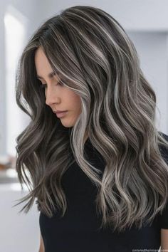 Light Blonde With Dark Lowlights, Grey Hair Highlights Brunettes, Blonde Gray Hair Color Ideas, Grey Blending Hair, Dimensional Blonde With Lowlights, Ash Blonde Highlights On Dark Hair, Ash Brown Hair With Highlights, Ash Brown Hair Balayage, Brown Hair With Silver Highlights