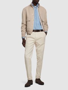 Front button and concealed zip closure. Belt loops. Two side pockets. Model is wearing a size48 White Pants Men, Neutral Pants, Brunello Cucinelli Men, Sport Swimwear, Sports Sweatshirts, Sports Brands, Formal Outfit, Swim Accessories, Sports Top