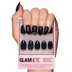 PRICES MAY VARY. High-Quality Press-On Nail Kit: All Glamnetic Press-On Nail Sets offer high-quality salon style and feature protective UV coating, to ensure your nails will never break or split! Opaque Matte Black Glossy Tip Short Oval Nails - Give your nails the bewitching black cat treatment with the Nine Lives Nail Set. This short oval design features an matte black base with glossy tips, and adorable velvet-finish cat eye graphics for your very own magical companion this spooky season. Reus Halloween Black Tip Nails, Hand Soak, Short Oval Nails, Fake Nails With Glue, October Nails, Nail Buffer, Oval Nails, Nail Sizes, Fall Nail Designs