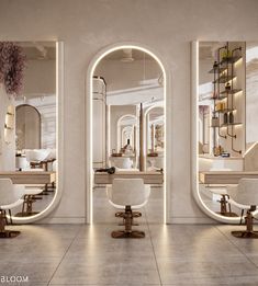 the interior of a hair salon with mirrors and chairs in front of them, all lit up