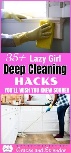 a woman cleaning her kitchen with a yellow sponge and a purple banner that says,'85 + lazy girl deep cleaning hacks you'll wish you knew