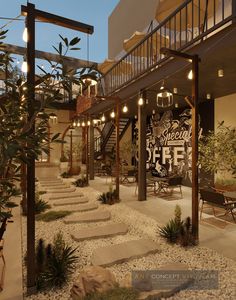 the interior of a restaurant with stone steps leading up to an outdoor seating area and staircase